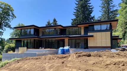 Obraz premium Insulation panels being installed on the exterior of a partially built modern home.