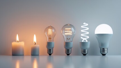 Candle, tungsten light bulb, fluorescent light bulb, and LED light bulb