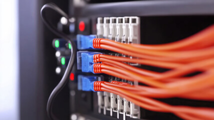 High tech server equipment with orange cables connected to ports, showcasing modern data center environment. intricate wiring highlights