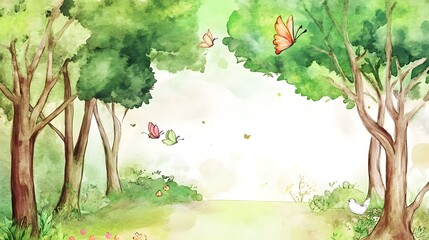Fototapeta premium Forest glade with butterflies. Green trees and dappled light. Nature background illustration