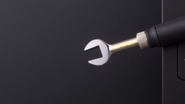 close up of wrench tool attached to device, showcasing its metallic finish and functional design. image conveys sense of readiness for maintenance