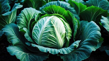 Cabbage head developing in the vegetable bed.