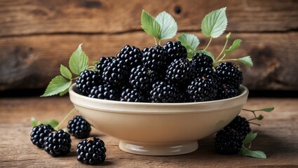 Blackberries with leaves in a ceramic dish placed on a wooden surface.