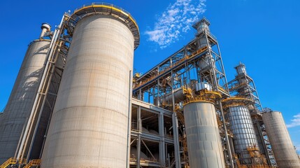 Large cement silo with industrial pipes and a clear blue sky, symbolizing cement production and supply chain logistics.