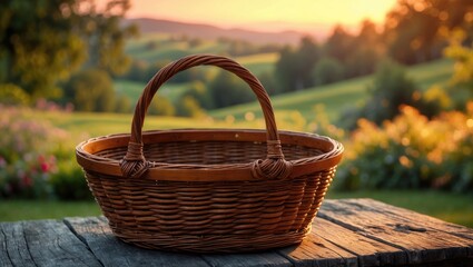 Brown empty wooden basket with a sunset background. Garden picnic time.