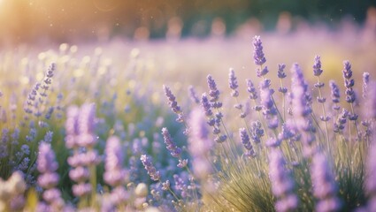 Blooming Lavender Flowers Field Wide View for Background, Banner. Soft Selective Focus.