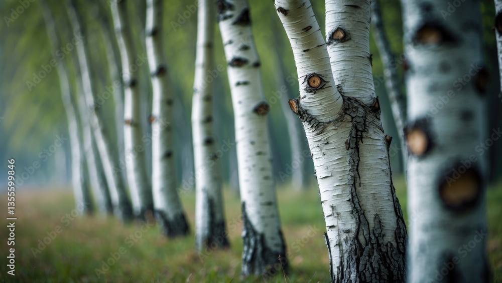Poster birch trees aligned in a row, close-up view of their trunks.