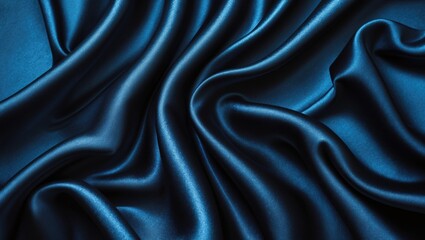 Fototapeta premium Black blue abstract background. Dark blue satin silk texture. Soft, wavy folds create an elegant fabric surface. Background with space for your design. Web banner.