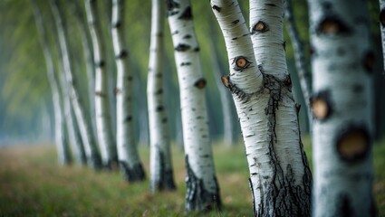 Birch trees aligned in a row, close-up view of their trunks.