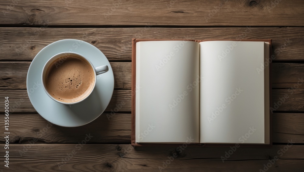 Poster blank notebook and coffee mug on rustic wood background. responsive design layout. flat lay.