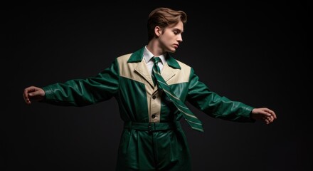 Man Wearing Unique Green Leather Suit Posing in Studio with Confidence