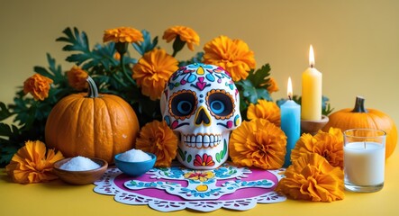 Beautiful altar for the Day of the Dead featuring a sugar skull, Bread of the Dead, marigold, a pumpkin or squash, salt, and a candle on cut traditional paper against a yellow backdrop.