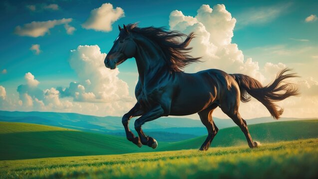 Running black horse