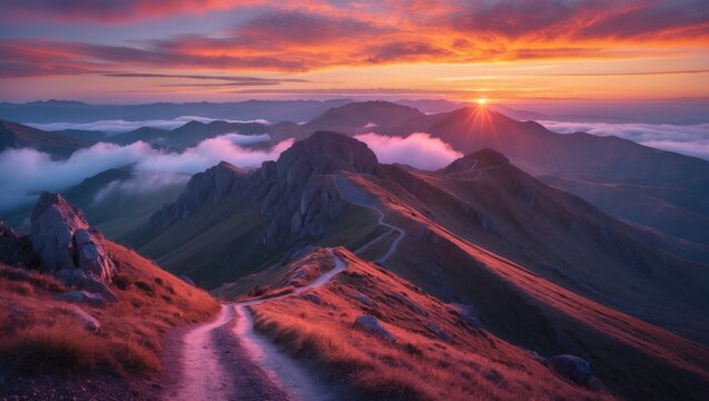 Stunning mountain hike during sunset or sunrise, warm tones