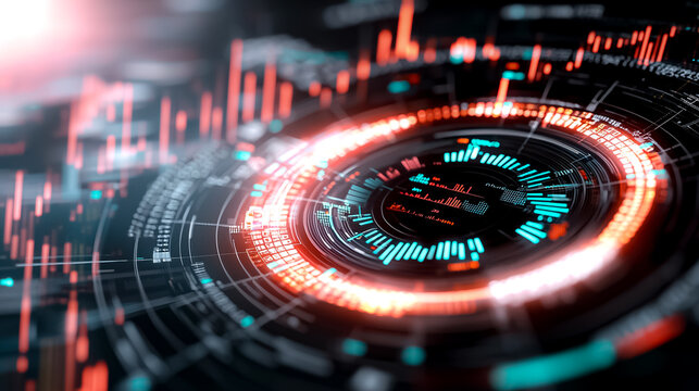 Futuristic Digital Interface Design Featuring Glowing Circular Patterns and Dynamic Data Visualizations