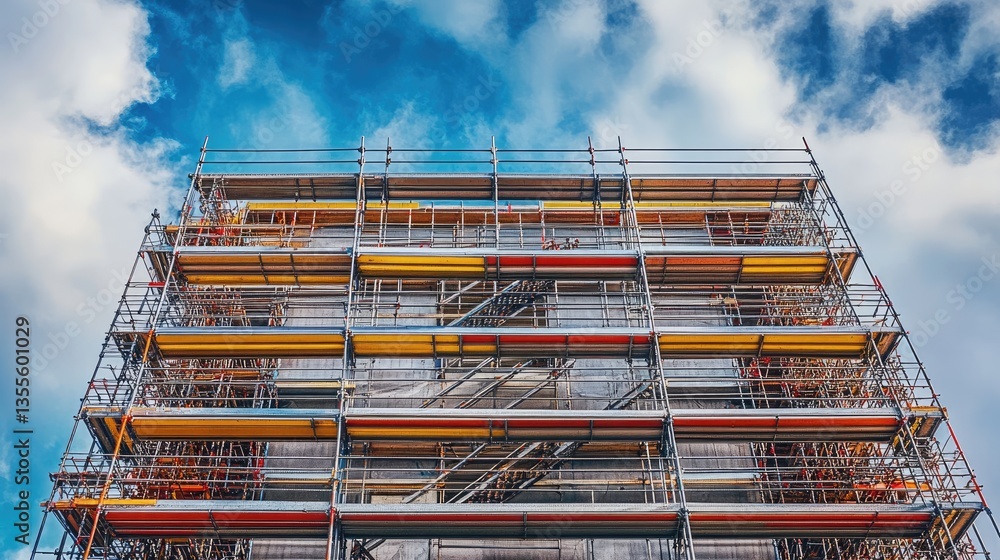 Poster modular scaffolding system assembled on a large-scale commercial construction project.