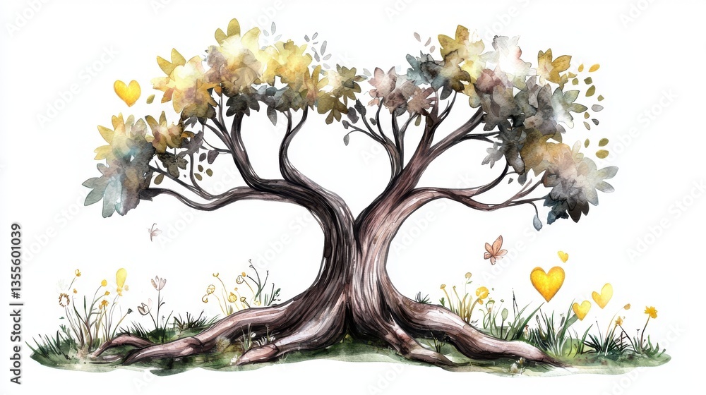 Poster a captivating of a flourishing colorful tree surrounded by a lush enchanting meadow filled with deli