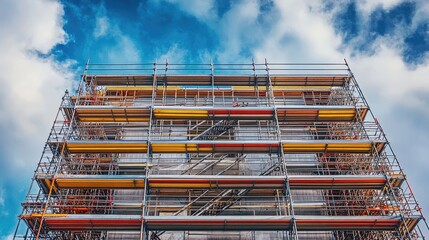 Modular scaffolding system assembled on a large-scale commercial construction project.