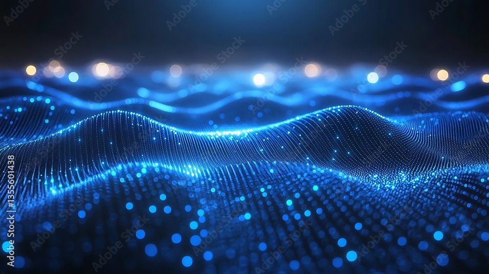Poster abstract blue background with glowing dots and wavy lines on a dark gradient,