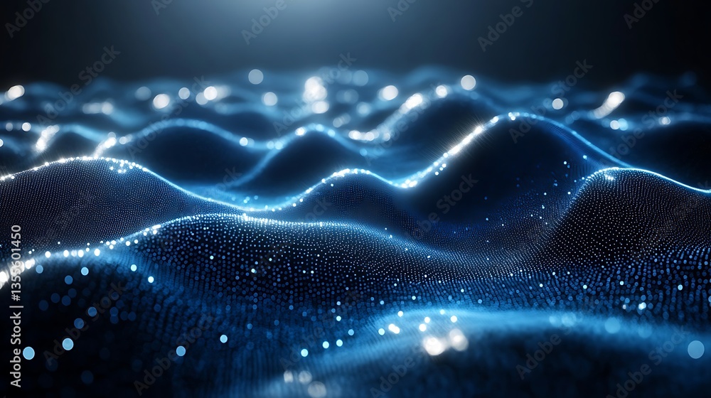 Poster abstract blue background with glowing dots and wavy lines on a dark gradient,