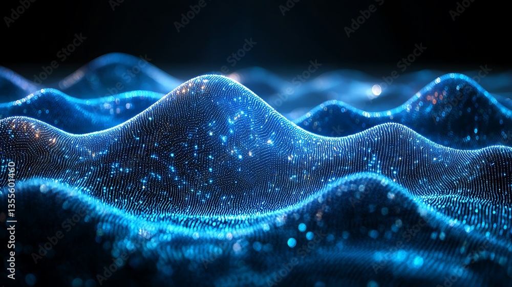 Poster abstract blue background with glowing dots and wavy lines on a dark gradient,