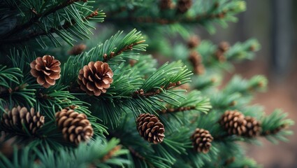 Blooming evergreen pine tree adorned with pine cones