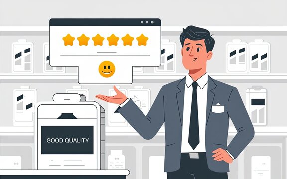 Customer Satisfaction: A well-dressed salesperson gestures towards a digital screen displaying a review, conveying the importance of product quality and customer happiness in a clean, modern setting.