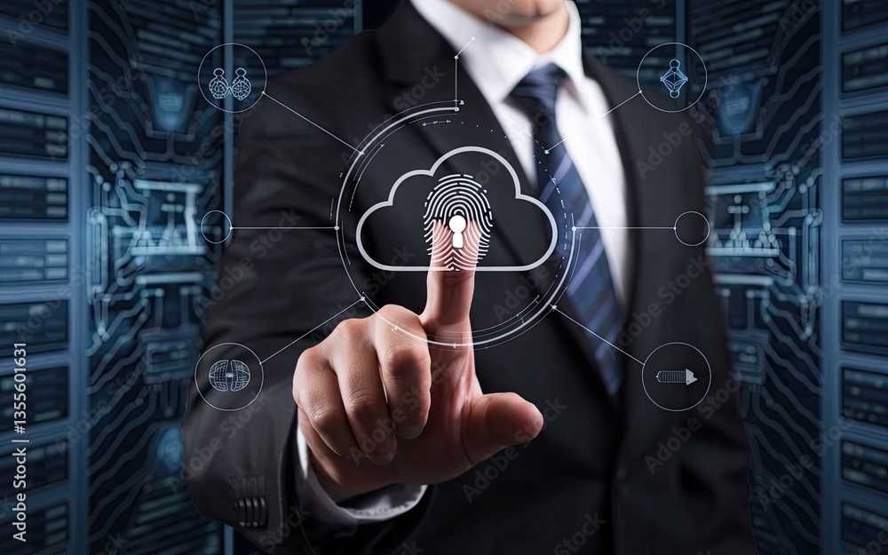 Poster cloud technology: a sophisticated business professional in a suit interacting with a cloud icon, rep