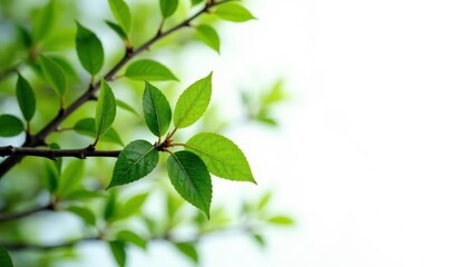 Green branches with brown twigs on white background, trees, clean