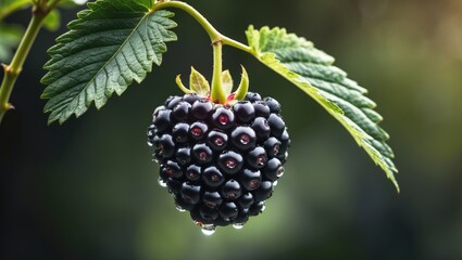 Juicy blackberries hanging on a plant with droplets of water.