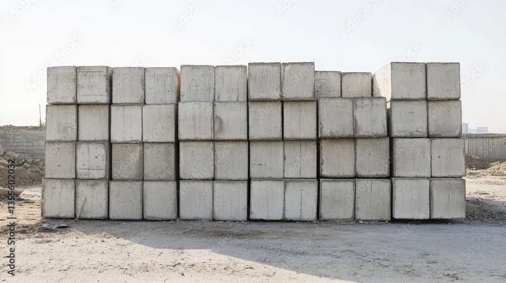 Poster neatly stacked blocks of reinforced concrete columns in an open field, prepared for large-scale cons