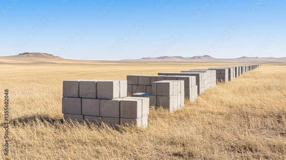 Poster neatly stacked blocks of reinforced concrete columns in an open field, prepared for large-scale cons