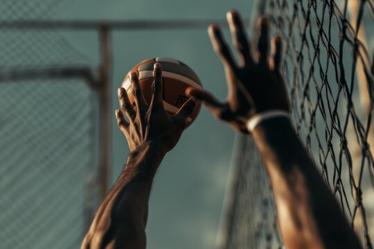 Players gather around a volleyball net, focusing on the ball as it is set for a strategic play against a backdrop of clouds and seaside atmosphere Generative AI