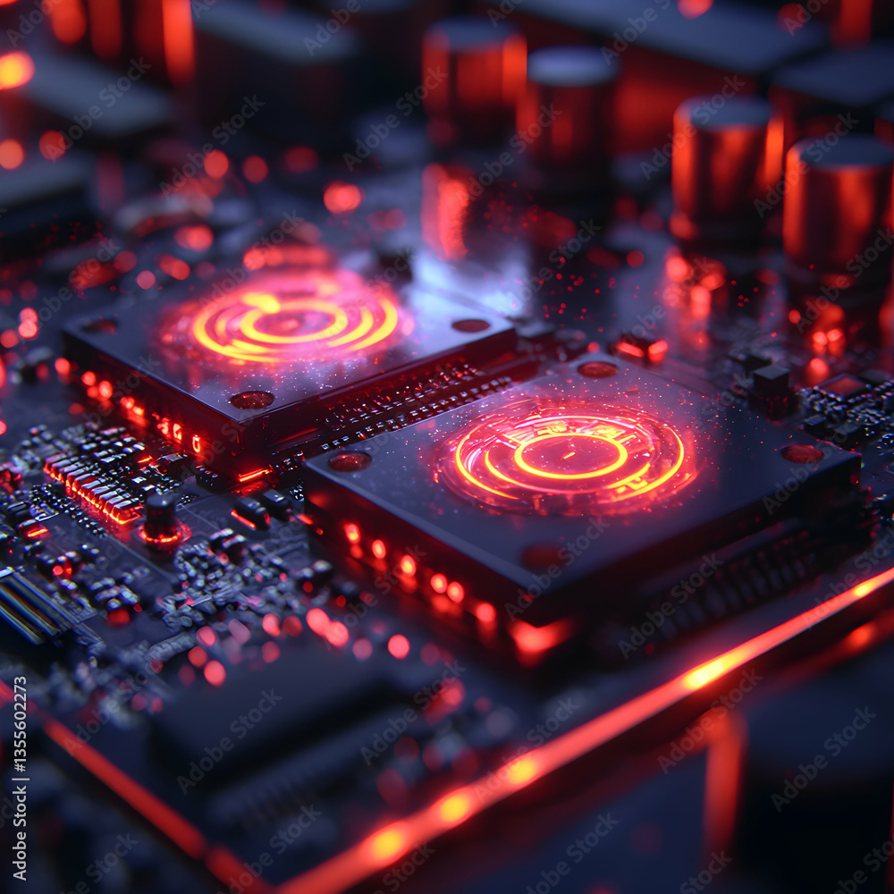 Wall mural a futuristic computer circuit board glows with red energy. ideal for tech presentations or cyberpunk