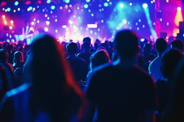 A lively crowd fills the venue, immersed in the vibrant atmosphere of a music festival featuring colorful lights and energetic performances Generative AI