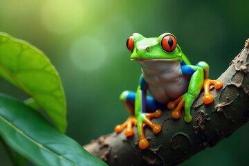 Fototapeta premium Green tree frog perched on white, vibrant colors, nature, animal