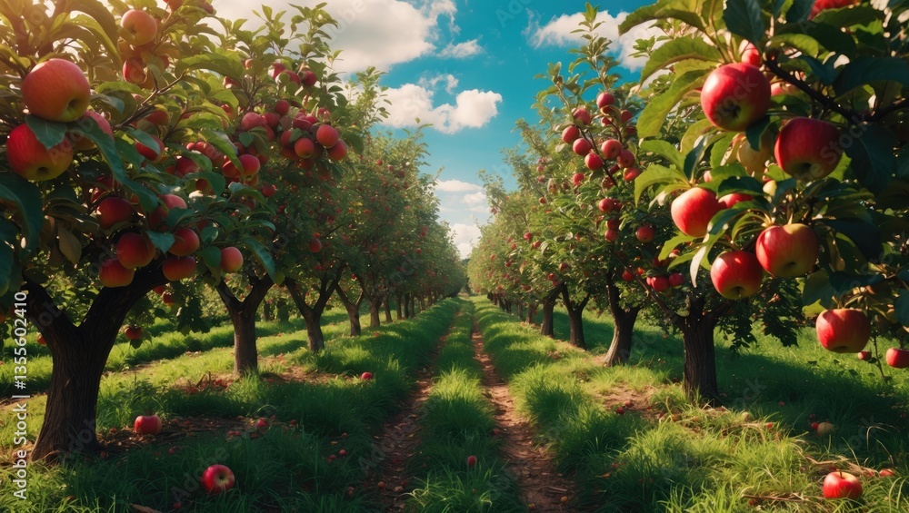 Poster Apple orchard featuring red ripe apples on branches. Two rows of apple trees abundant with fruit observed under a blue sky almost ready for picking.