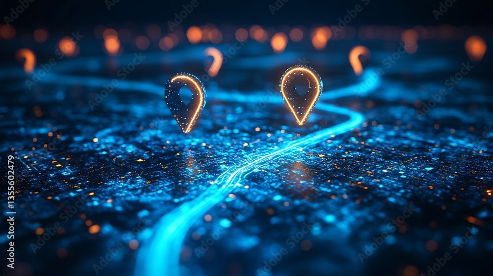 Aufkleber abstract digital map pins on a blue background with glowing path lines, a technology location icon o