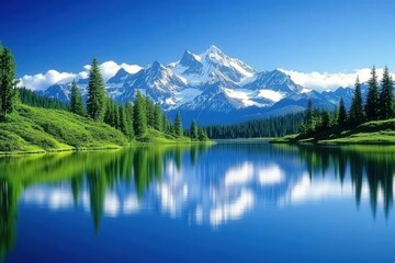 Serene lake reflecting snowy peaks surrounded by lush forest under vibrant blue sky