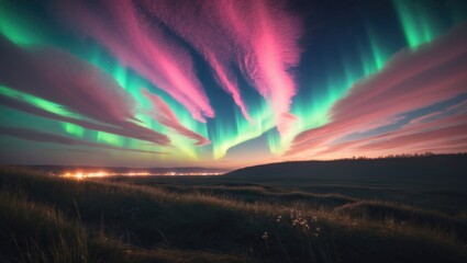 Obraz premium Aurora borealis lighting up the sky over a meadow.