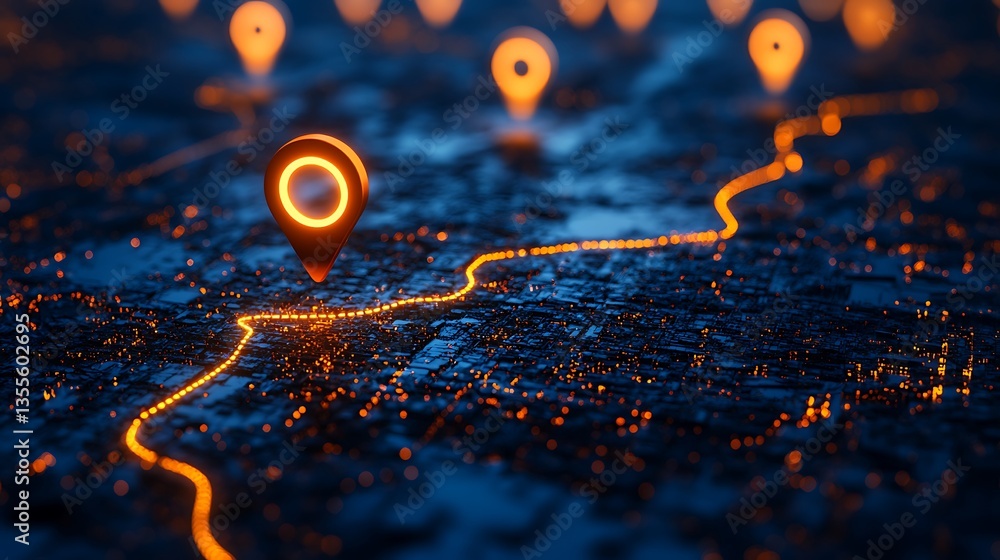 Aufkleber abstract digital map pins on a blue background with glowing path lines, a technology location icon o