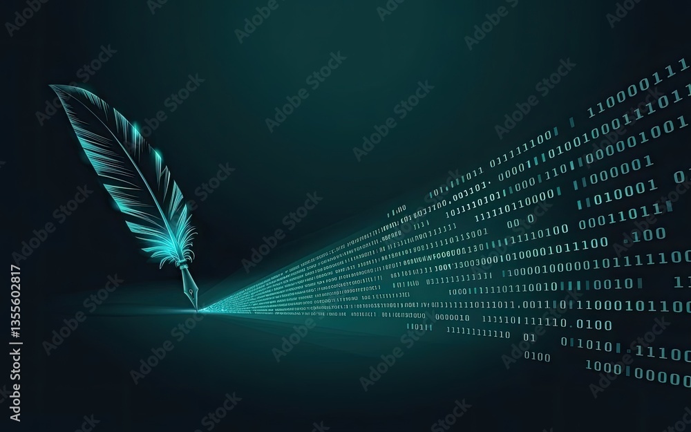 Poster digital quill: a futuristic image of a glowing quill pen writing binary code, symbolizing the inters