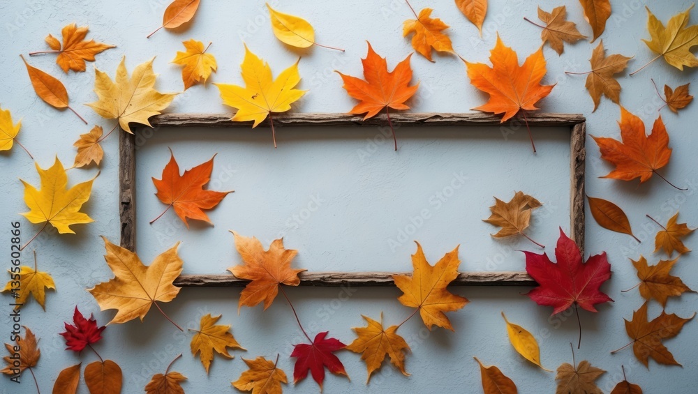 Poster Autumn atmosphere backdrop. Frame created from dried leaves on a white surface. Flat lay, overhead view, space for text.