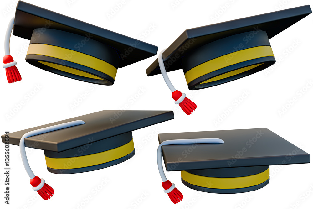 Poster 3d rendering, realistic 3d, 3d rendering of four graduation caps, transparent background.