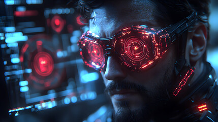 A man wearing futuristic glowing glasses is analyzing data on a screen suggesting advanced technology and data processing in a science fiction setting. Suggesting a hacker concept.