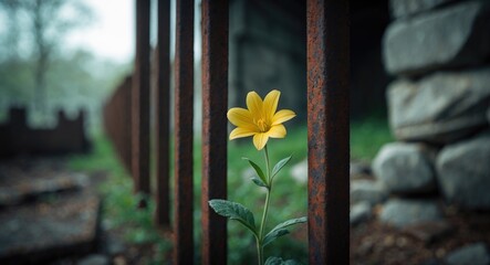 Behind rusty bars, a flower rises, bold and quiet. Absorbing sunlight, it challenges limits. Stones remain still, metal decays, yet life endures - freedom always emerges with a voice.