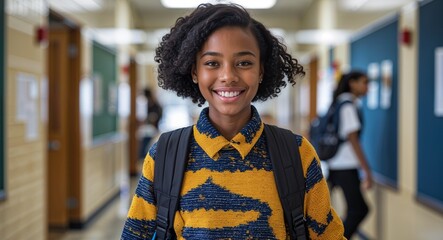 Fototapeta premium Smiling teen girl in school hallway with textbooks confident student photography model