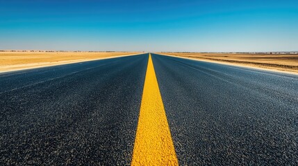 Naklejka premium Newly paved asphalt road stretching into the distance, marked with bright yellow dividing lines under a clear sky.