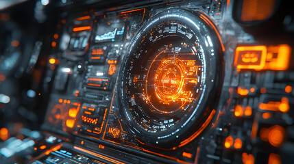 Fototapeta premium Futuristic control panel with glowing orange details. Use for sci-fi game UI or futuristic tech visualization to create immersive user experiences.