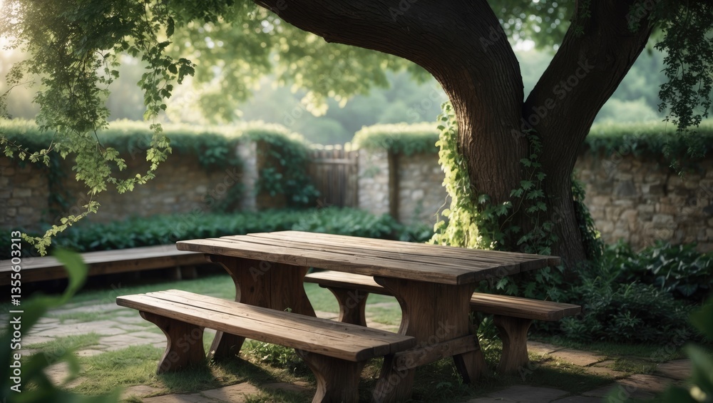 Poster An inviting wooden picnic table located in the shade of a tree within a tranquil garden, providing a peaceful escape in a natural setting.